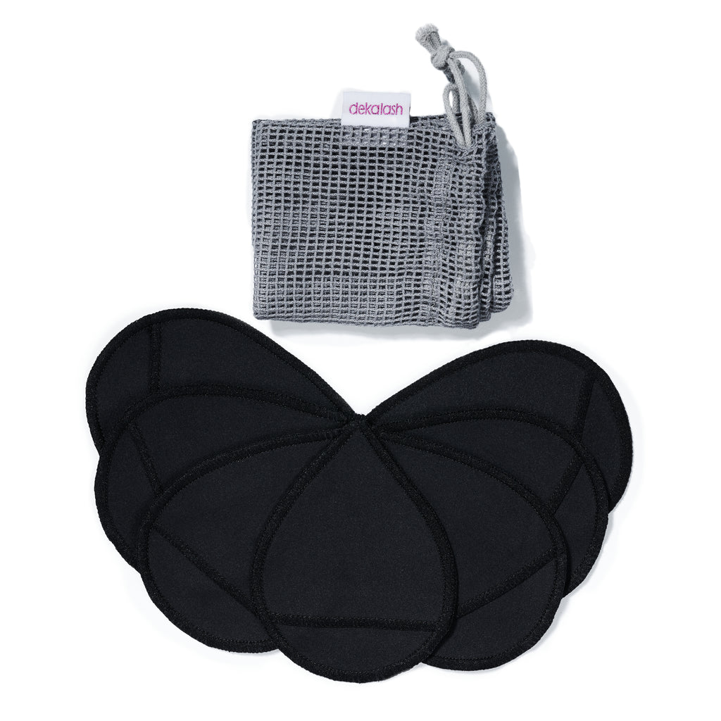 Deka Lash swipe off reusable makeup remover pads in black with gray mesh bag